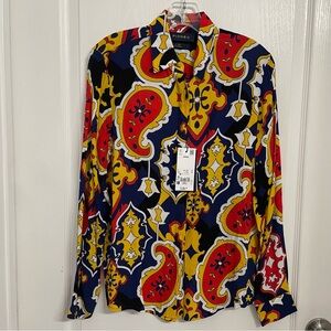 Piombo Women’s Red, Yellow, and Blue Patterned Button Down Shirt NWT Size 4
